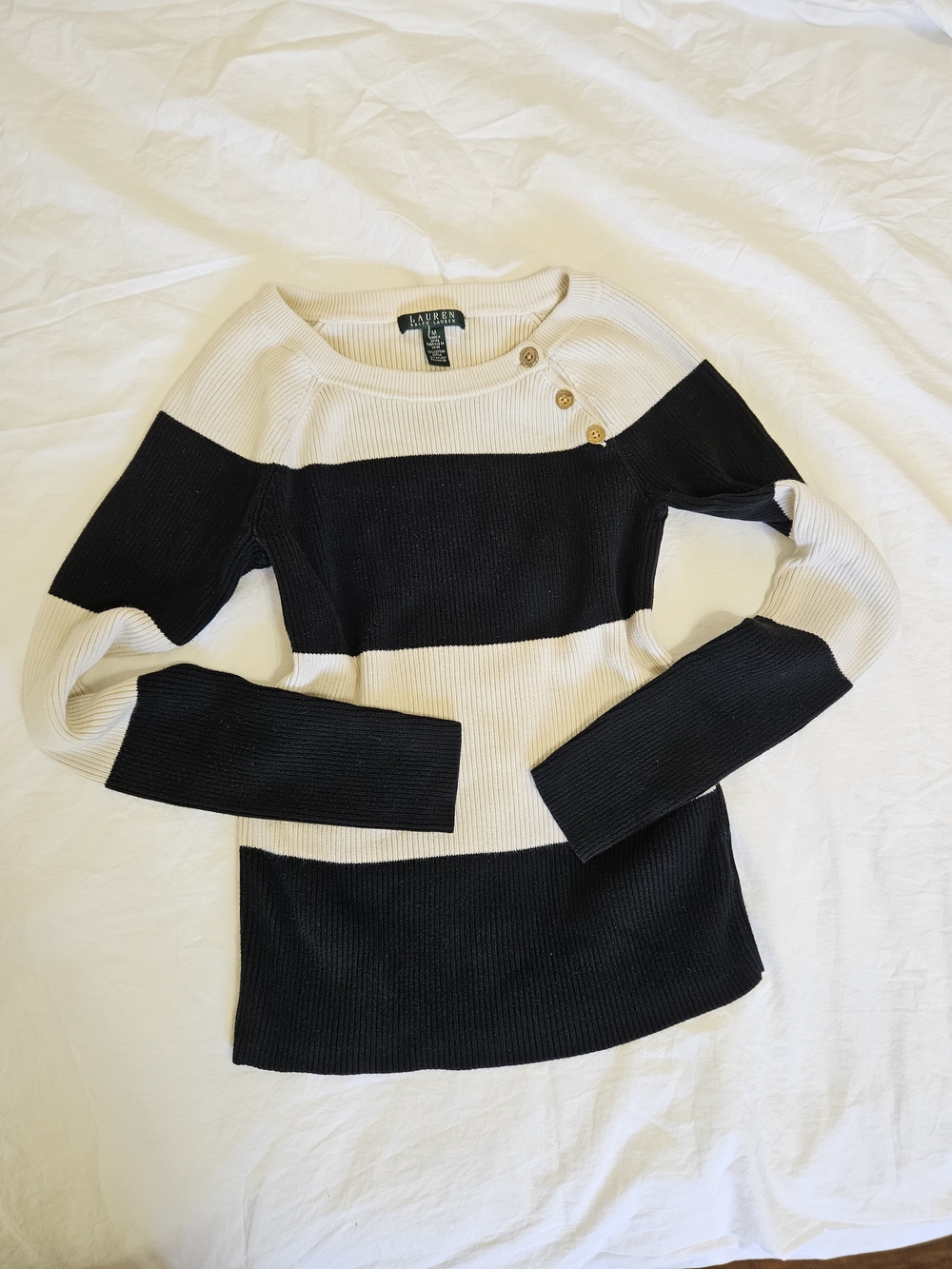 Lauren Ralph Lauren Black & White,Women's (Sz,M) Striped Ribbed Long-Sleeve Top